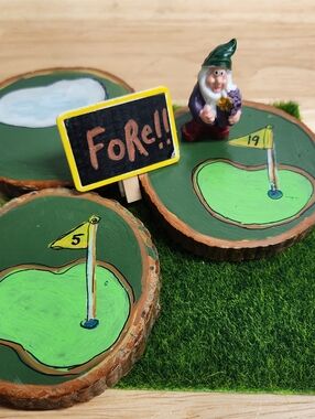 Hand Painted Gnome Golf Bundle. Wood Slice with Gnome  'Fore' Sign - Turf Fairy